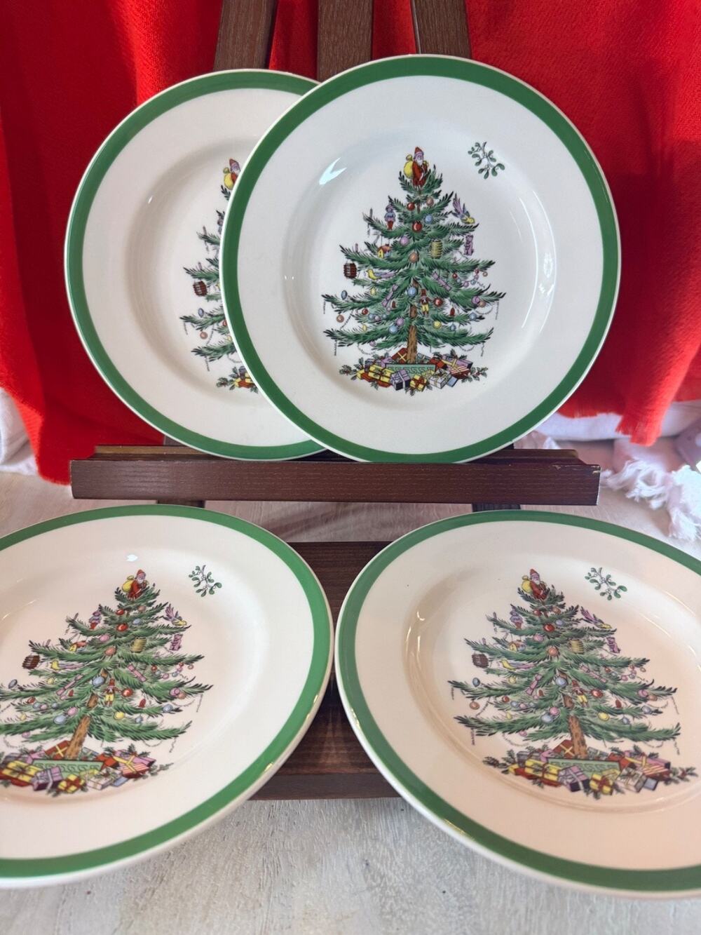 Vintage Spode Christmas Tree Dessert Salad Plates (4) 7 3/4 Holiday Collectible